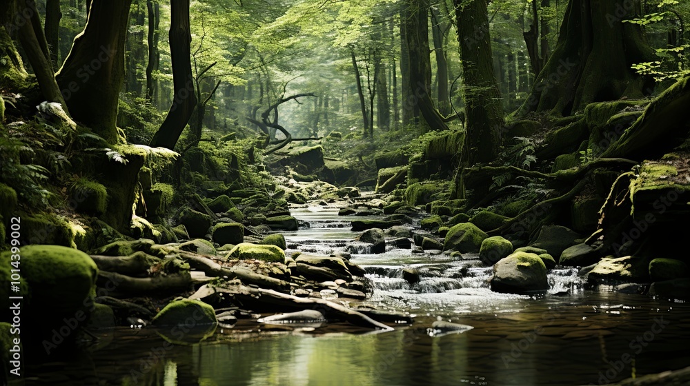 A Serene Stream Flowing Through a Lush Forest Canopy, Bathed in the Soft Light of a Sunbeam A Serene Stream Flowing Through a Lush Forest Canopy, Bathed in the Soft Light of a Sunbeam