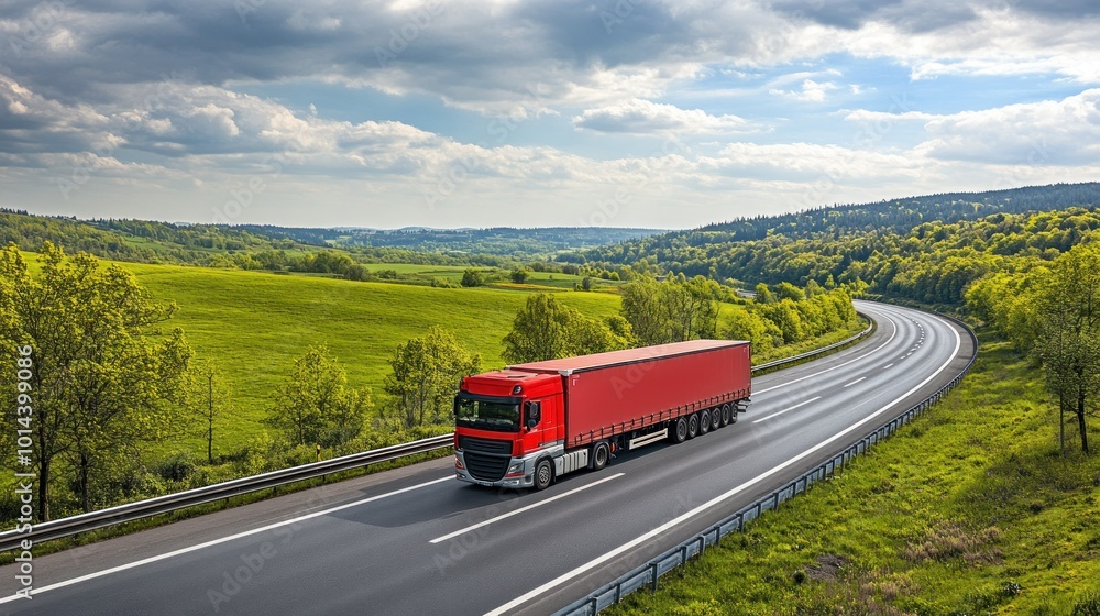 A red truck traveling on a winding road through a green landscape under a cloudy sky. A red truck traveling on a winding road through a green landscape under a cloudy sky.