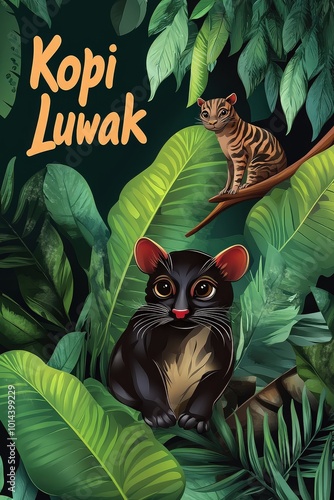 Kopi Luwak Illustration with Civet in Jungle photo