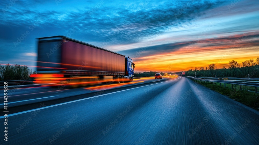 A truck drives on a highway at sunset, showcasing motion and the beauty of travel. A truck drives on a highway at sunset, showcasing motion and the beauty of travel.