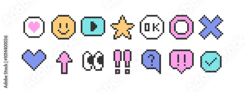 ポップなドット絵 アイコン セット ( ベクター ピクセル カラフル ピクセルアート コミュニケーション レトロ デジタル ビデオゲーム )