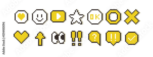 ポップなドット絵 アイコン セット ( ベクター ピクセル 黄色 影 ピクセルアート コミュニケーション レトロ デジタル ビデオゲーム )
