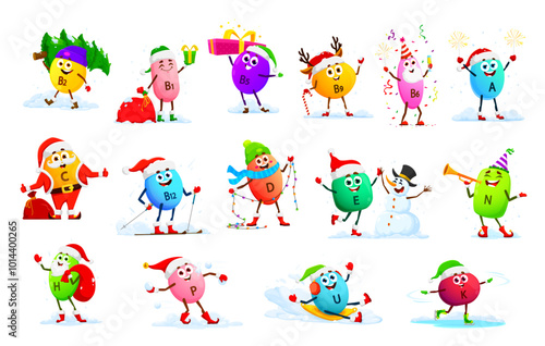 Cartoon vitamin characters on Christmas winter holiday with Santa gifts, vector micronutrients. Funny happy vitamin B, E and C with Christmas tree and snowman, riding sledge or skating on ice rink