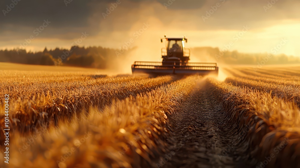 Fototapeta premium A combine harvester works in a golden wheat field under a dramatic sky, capturing the essence of agriculture and harvest season.