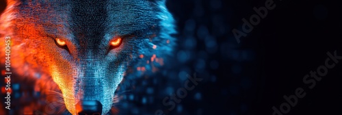 A stylized wolf with glowing eyes against a dark, digital background.