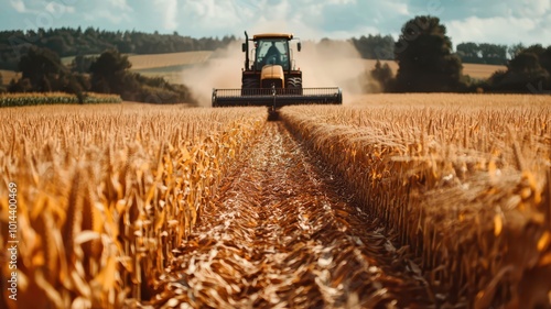 A tractor harvests golden fields under a sunny sky, kicking up dust and showcasing the rural agricultural landscape. photo