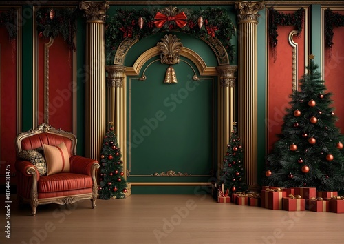 Christmas backdrop green red and gold colors, vintage ornate rococo arch, columns, tree in the corner. Digital photography. photo