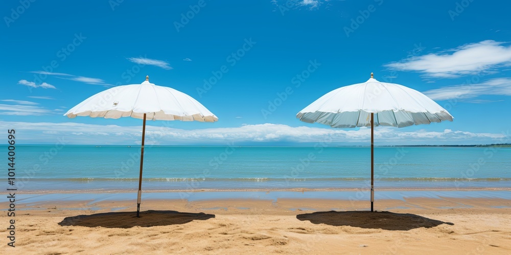 Two White Beach Umbrellas Stand Tall on a Sandy Shore, Offering Shade from the Bright Sun and a View of the Crystal Blue Ocean Two White Beach Umbrellas Stand Tall on a Sandy Shore, Offering Shade from the Bright Sun and a View of the Crystal Blue Ocean