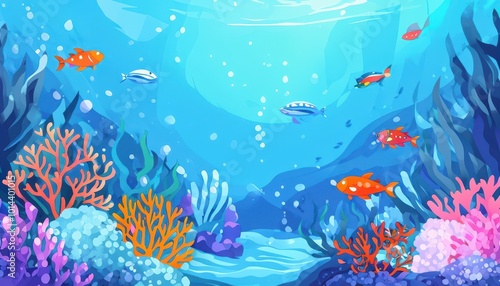 Underwater scene featuring colorful fish and vibrant coral reefs.