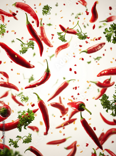 Many red peppers and parsleys are flying around On a white background