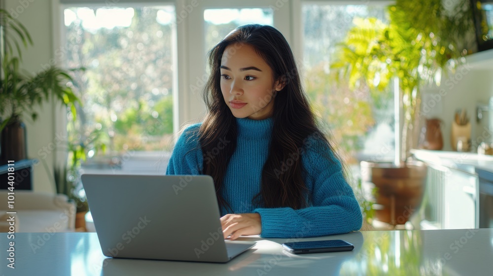 The Woman Using Laptop Thoughtfully The Woman Using Laptop Thoughtfully