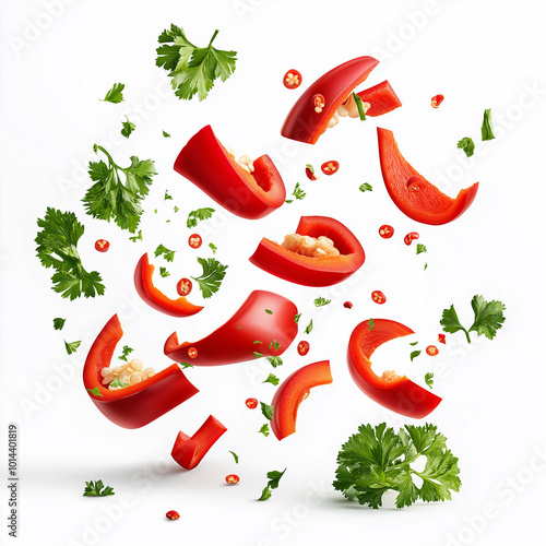 Many red peppers and parsleys are flying around On a white background