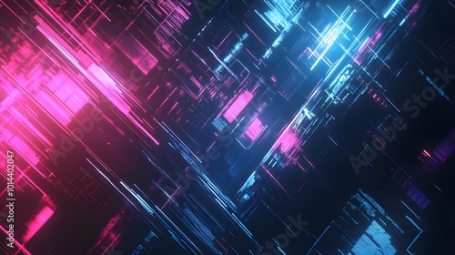 Dark abstract futuristic background. Neon lines, glow. Neon lines, shapes. Pink and blue glow. 