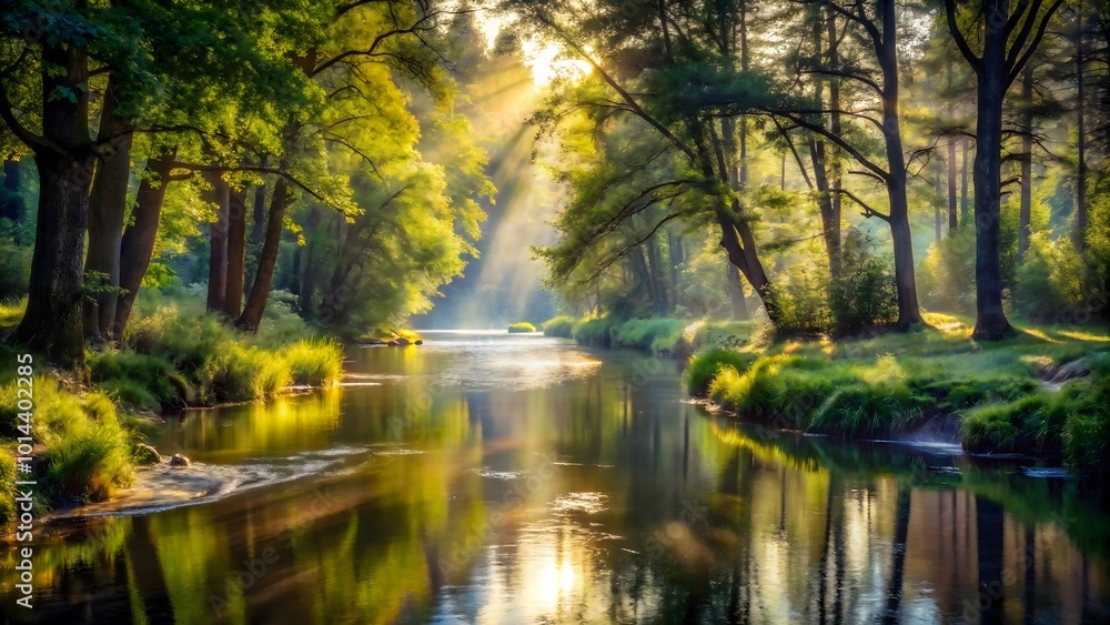 A tranquil river winding through a forest with sunlight A tranquil river winding through a forest with sunlight