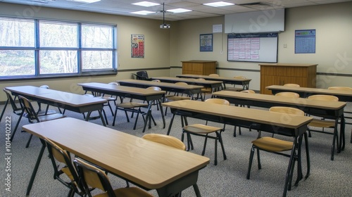 A classroom setting with desks arranged for learning and collaboration.