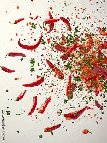 Many red peppers and parsleys are flying around On a white background