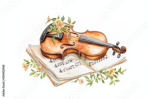 A beautifully illustrated violin rests on music sheets, adorned with delicate flowers, embodying the harmony of music and nature.