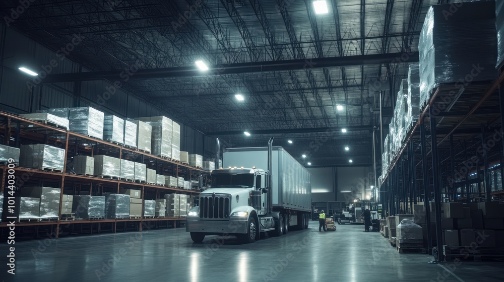 A truck is unloading goods in a spacious warehouse filled with stacked pallets. A truck is unloading goods in a spacious warehouse filled with stacked pallets.