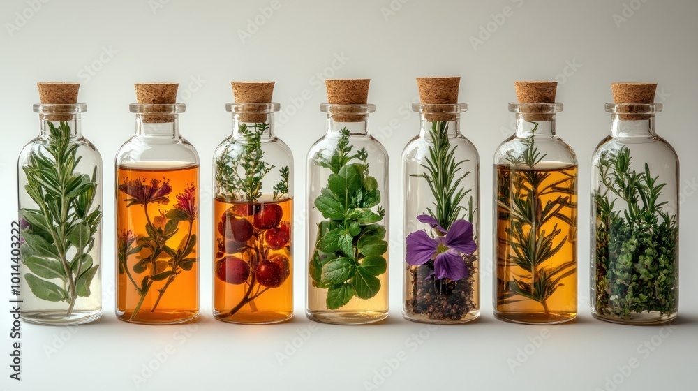 A collection of herbal infusions in glass bottles. A collection of herbal infusions in glass bottles.