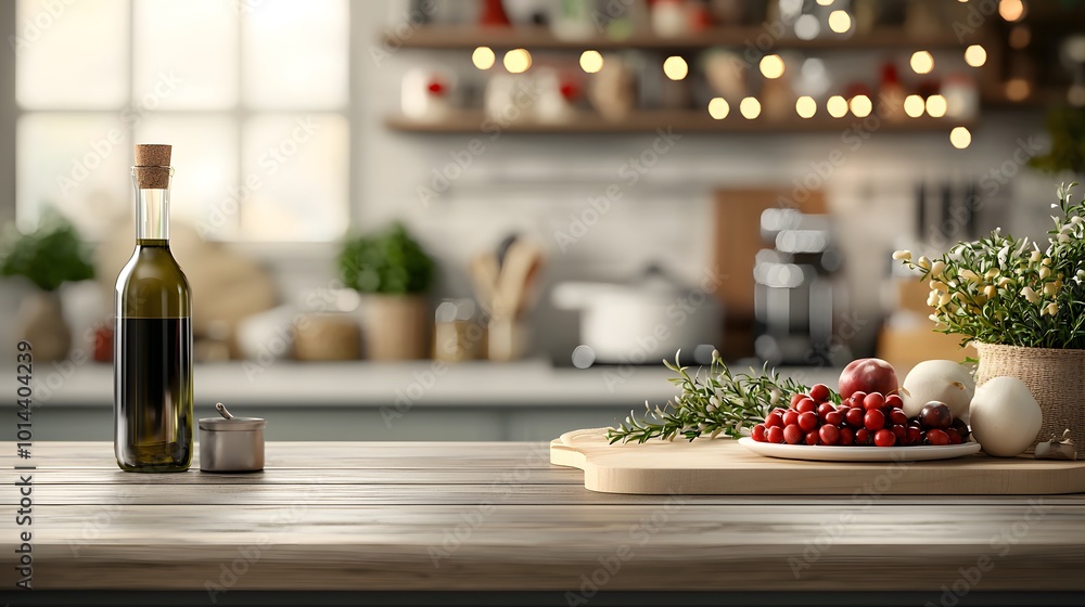 A cozy kitchen scene showcases a bottle of olive oil, fresh tomatoes, herbs, and mushrooms on a wooden table. Interior room Christmas Decor Concept A cozy kitchen scene showcases a bottle of olive oil, fresh tomatoes, herbs, and mushrooms on a wooden table. Interior room Christmas Decor Concept
