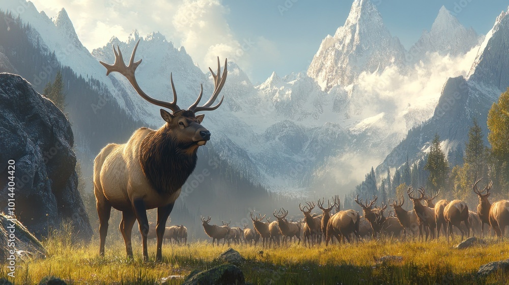 A majestic elk stands in a scenic landscape with mountains and a herd in the background. A majestic elk stands in a scenic landscape with mountains and a herd in the background.
