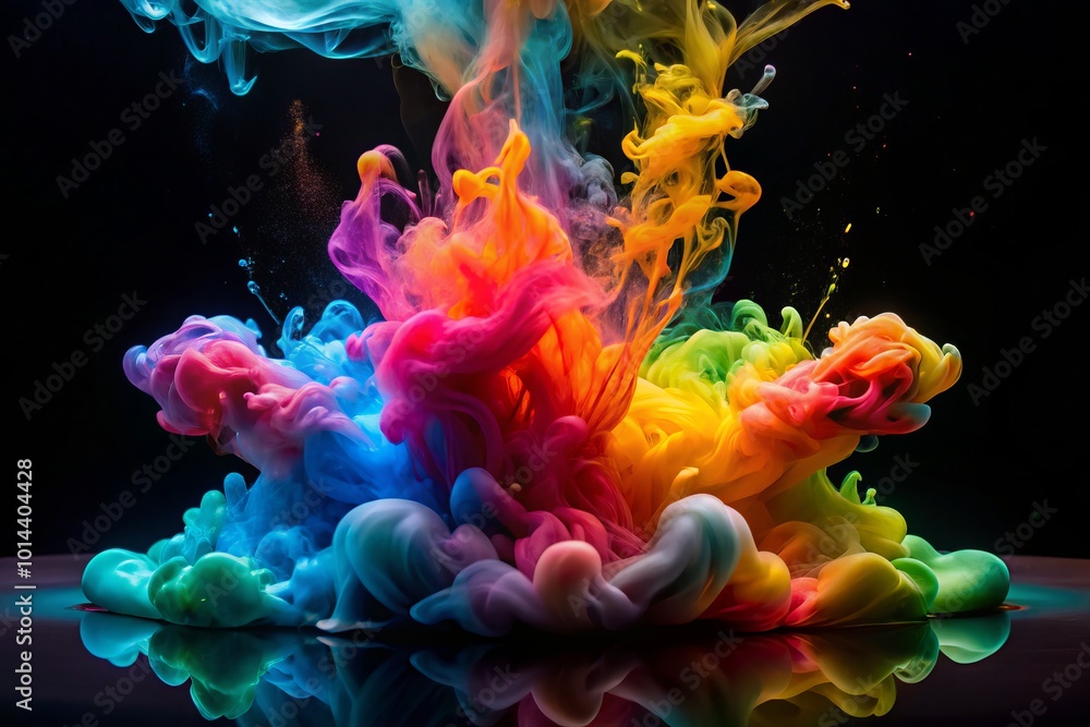 Obraz premium Dynamic acrylic colors and swirling inks dance beautifully in water on a deep black canvas, forming a mesmerizing
