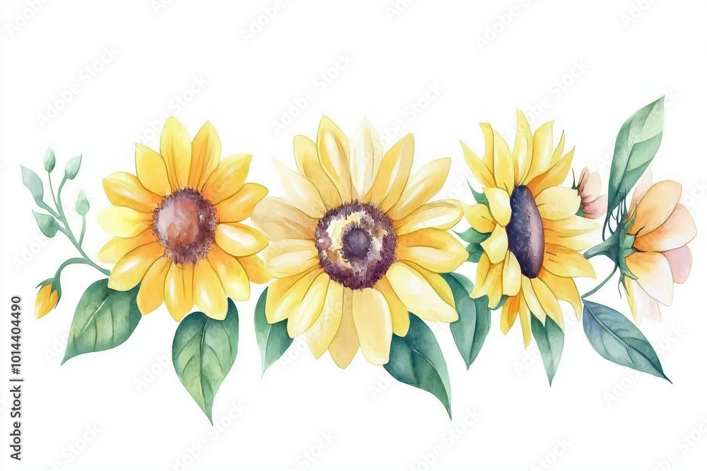 Naklejka premium A vibrant watercolor illustration of sunflowers arranged in a row, showcasing their bright yellow petals and green leaves.