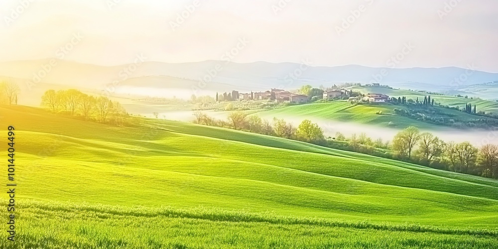 Obraz premium Amazing spring landscape with green rolling hills and farm houses in the heart of Tuscany in morning haze 