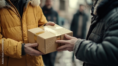 Two individuals exchanging a package in a casual outdoor setting.