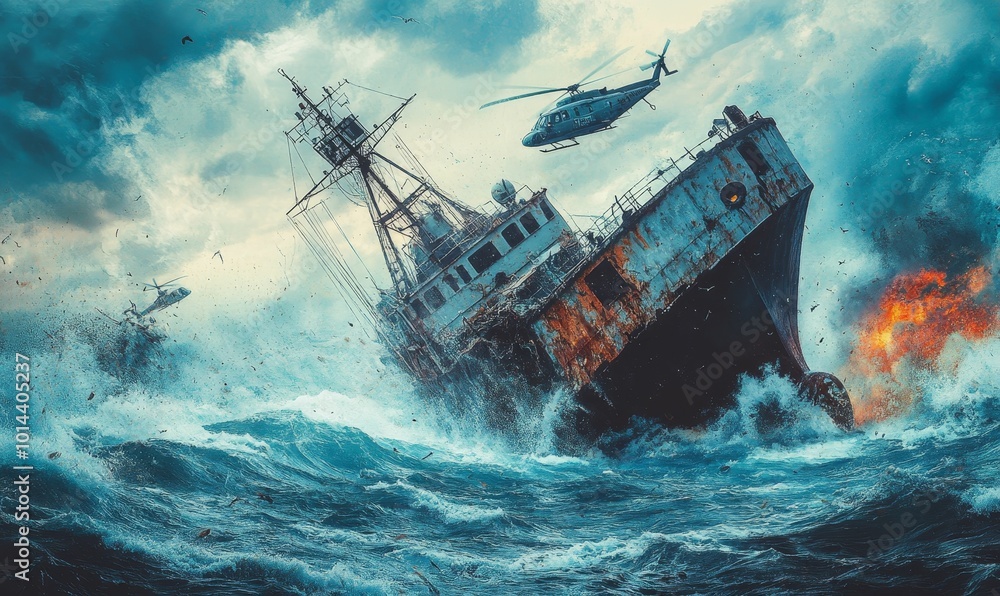 A wrecked ship in a stormy sea. A wrecked ship in a stormy sea.