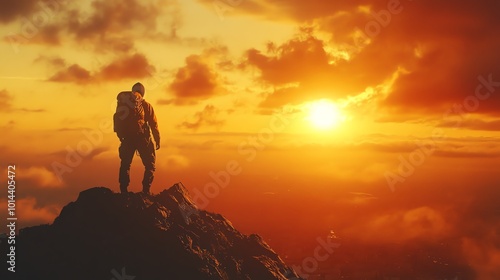 A lone hiker stands on a mountain top, silhouetted against a fiery sunset.