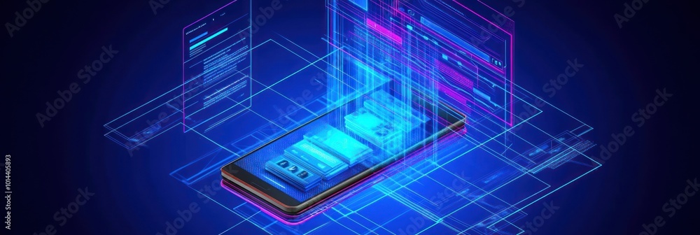 A digital smartphone surrounded by holographic data and interfaces, symbolizing technology. A digital smartphone surrounded by holographic data and interfaces, symbolizing technology.
