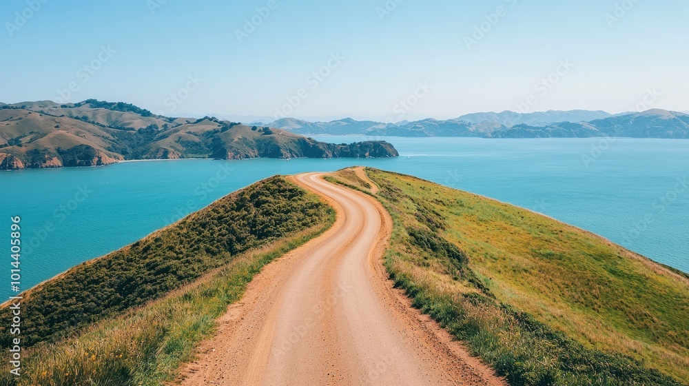 Breathtaking view of a winding dirt road overlooking a serene blue ocean and rolling hills under a clear sky. Breathtaking view of a winding dirt road overlooking a serene blue ocean and rolling hills under a clear sky.