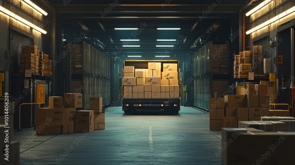 A warehouse scene with a truck loaded with boxes, emphasizing storage and logistics. A warehouse scene with a truck loaded with boxes, emphasizing storage and logistics.