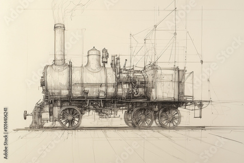 Vintage pencil sketch drawing of a steam locomotive photo