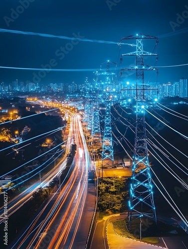 Futuristic Smart Energy Grid Powering Vibrant Nighttime City Skyline photo