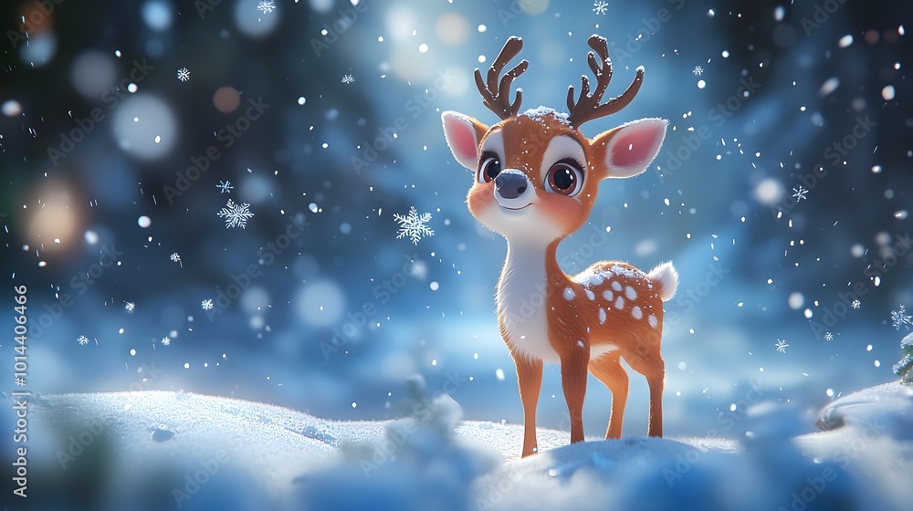 Cute Cartoon Reindeer in Winter Wonderland Cute Cartoon Reindeer in Winter Wonderland