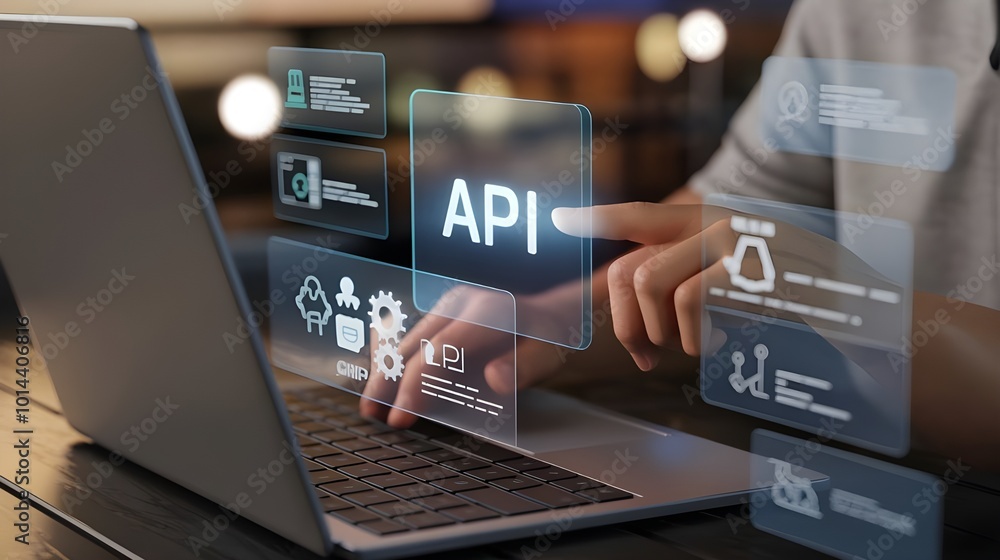 Fototapeta premium API: a finger touch a hologram virtual interface that hologram of API,API integration, API development, JSON, API documentation, 