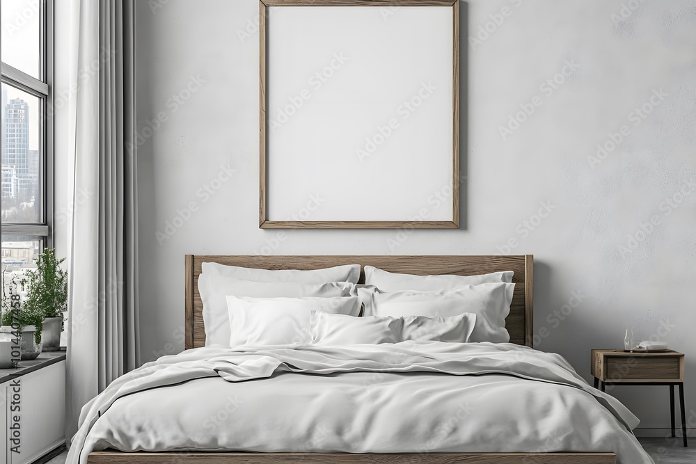 Minimalist Bedroom Interior Design with White Bed and Wooden Frame Minimalist Bedroom Interior Design with White Bed and Wooden Frame
