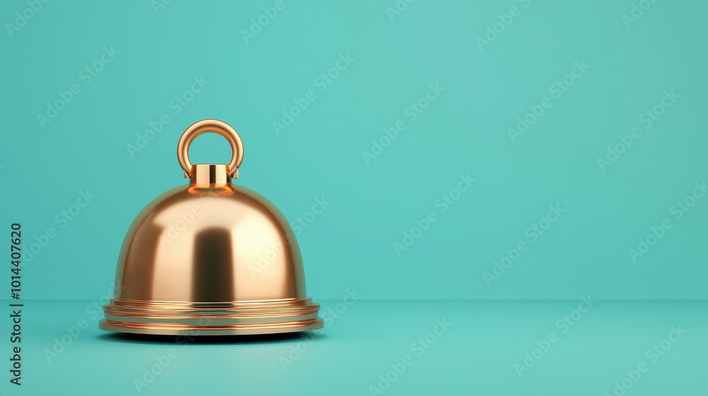 A golden reception bell on a turquoise background, symbolizing hospitality and service. A golden reception bell on a turquoise background, symbolizing hospitality and service.