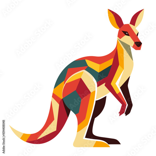 Geometric Kangaroo: A vibrant, abstract illustration of a kangaroo, rendered in geometric shapes and bold colors. This modern, colorful design evokes a sense of energy and movement. photo