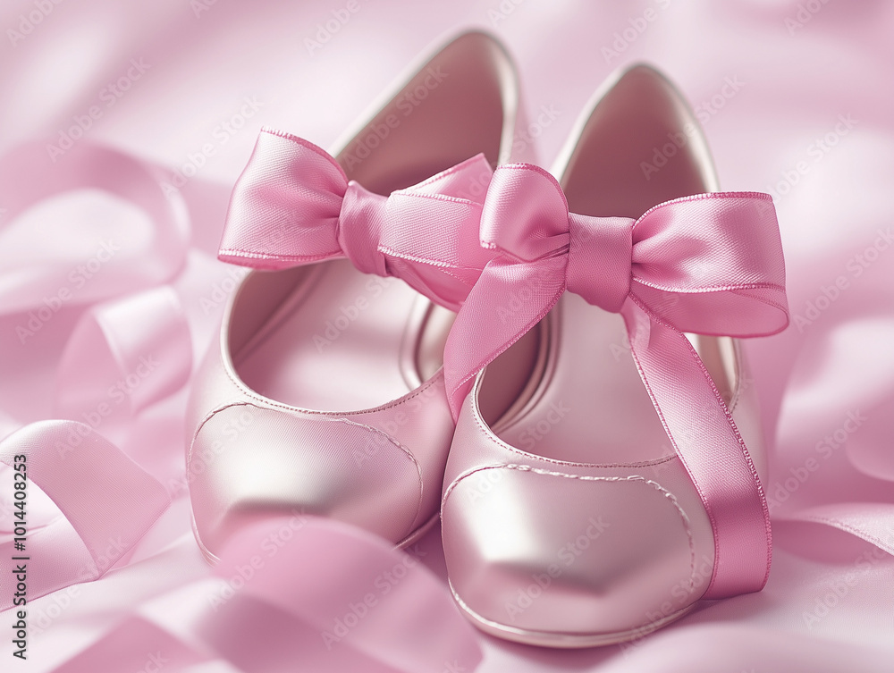 A pair of pink shoes with a huge pink bow A pair of pink shoes with a huge pink bow