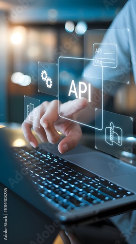 API: a businessman using a laptop with a hologram of API, virtual interface that hologram of API,API integration, API development, JSON, API documentation, Application prgramming interface