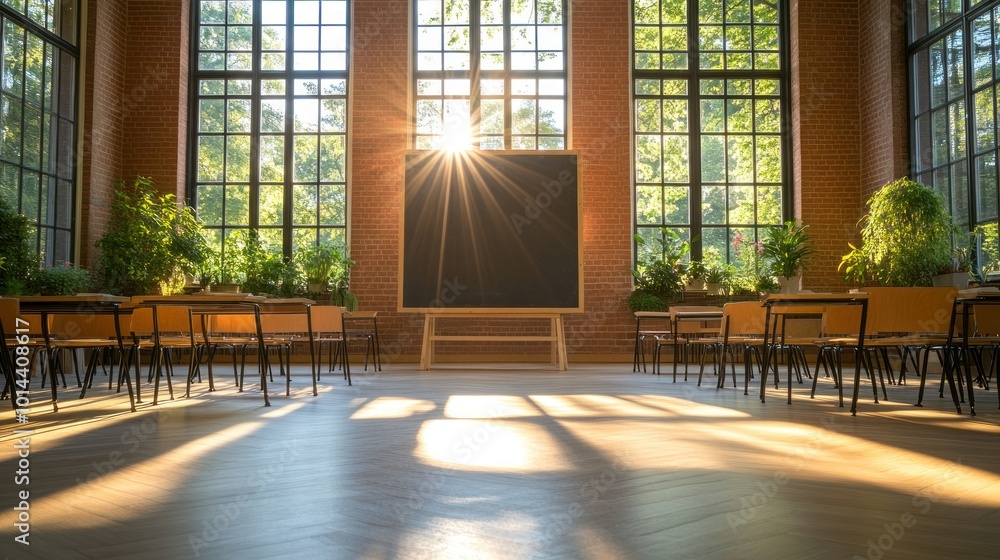 A sunlit classroom with plants and chairs, creating a warm, inviting learning environment. A sunlit classroom with plants and chairs, creating a warm, inviting learning environment.