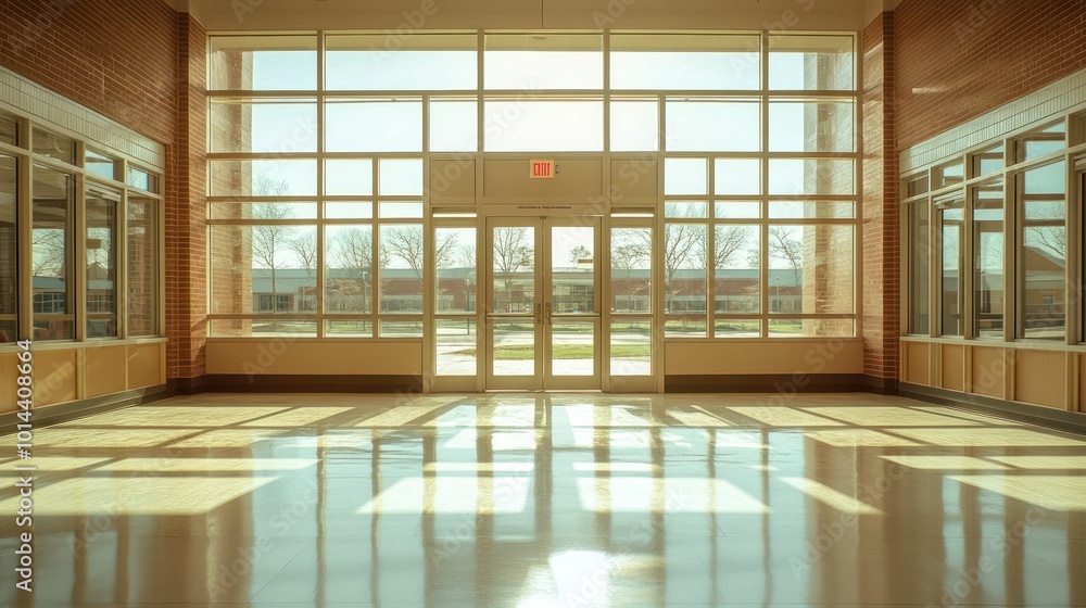 A bright hallway with large windows leading to an outdoor area, showcasing natural light. A bright hallway with large windows leading to an outdoor area, showcasing natural light.
