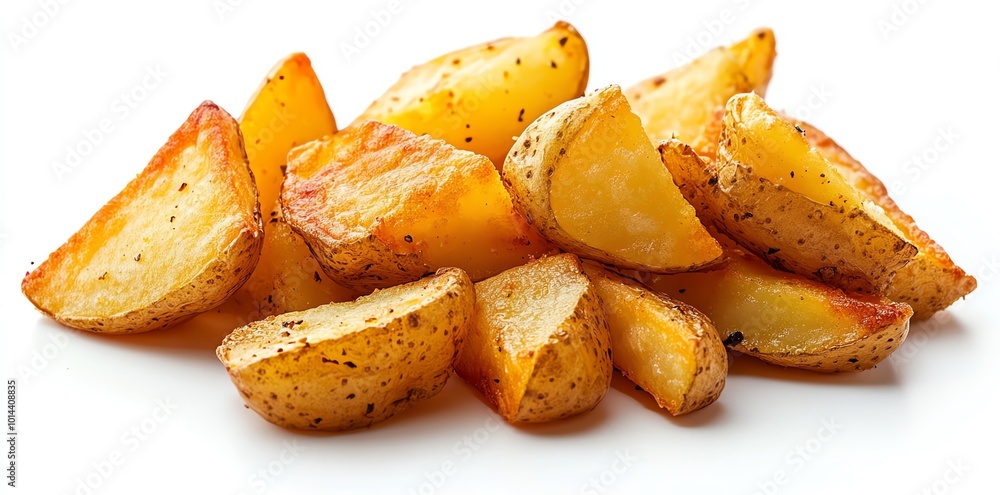 A pile of crispy, golden brown potato wedges, isolated on a white background. A pile of crispy, golden brown potato wedges, isolated on a white background.