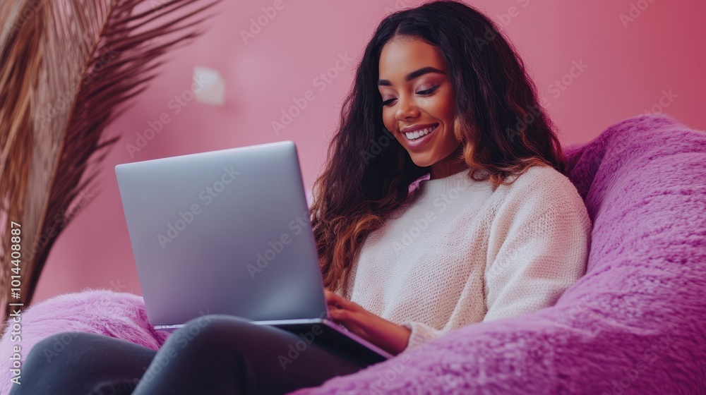 The Woman with Laptop Smiling The Woman with Laptop Smiling