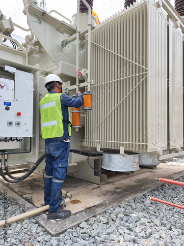 фотографія Vertical shot of Orange Silica Gel replacement activity by electrician for Silica Gel Breather at main tank and OLTC of 115kV/22kV power transformer