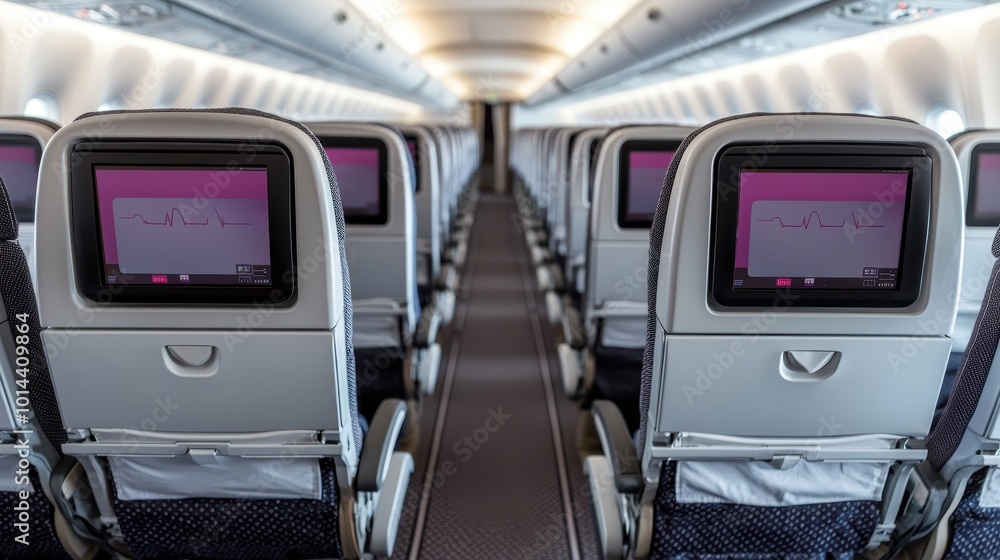 Empty airplane cabin with rows of seats and individual screens, interior view, modern design, ready for passengers. Empty airplane cabin with rows of seats and individual screens, interior view, modern design, ready for passengers.