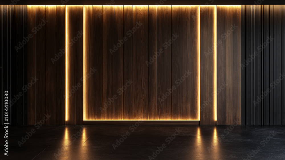 Modern Dark Wood Panel with Elegant Linear Lighting and copy-space
Modern Dark Wood Panel with Elegant Linear Lighting and copy-space